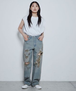 WEGO ダメージデニムワイドパンツ デニム中濃加工色