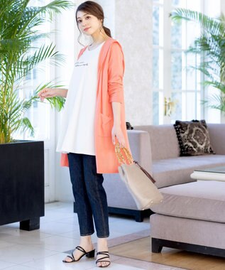 Tiaclasse L 【洗える新色追加・洗える】サマーニットフードロングカーディガン コーラル