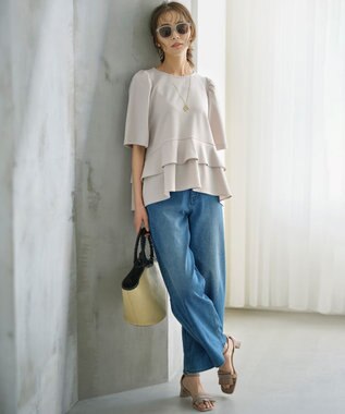 組曲 L 【ストレッチ】ミッドデニム ワイドストレートパンツ ユーズドブルー系