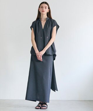 BEIGE， 【イージーケア】BATEAU / Vネック ギャザーブラウス Charcoal