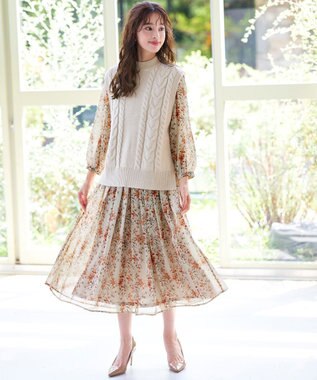 Tiaclasse L 【新色追加・洗える】花柄フリルドレープワンピース アイボリー