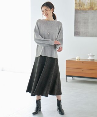 ANY 【ウエストゴム】ループツイードヘリンボーンフレアスカート ブラックベース