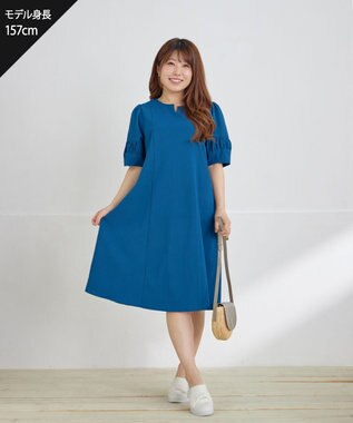 Tiaclasse L 【洗える】ギャザーランタンスリーブワンピース ターコイズ