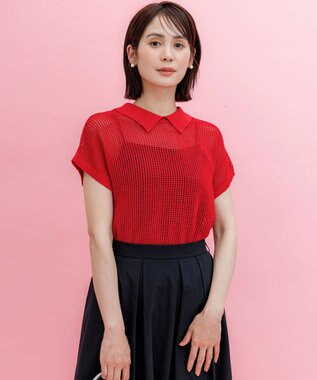 組曲 L 【WEB限定・前後着用可】メッシュニット 襟付き半袖カーディガン