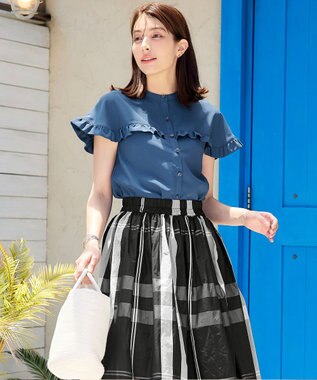 Tiaclasse L 【洗える】ケープ風フリルスリーブブラウス ブルー