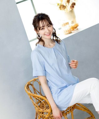 Tiaclasse 【洗える】体型カバーも叶う幅広カフスチュニックブラウス サックスストライプ