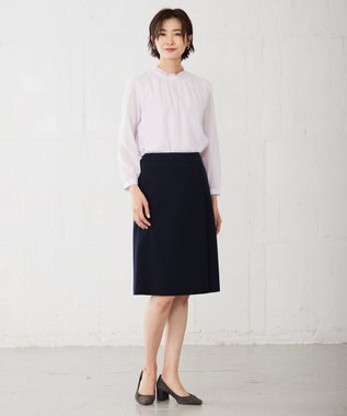 J.PRESS LADIES L カチオンストライプ フリルネック バンドカラー カットソー ふじ色系