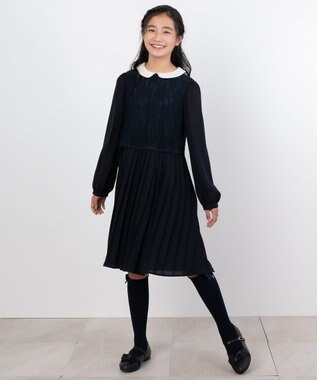 組曲 KIDS 【150-170cm】シフォンプリーツコンビ ワンピース ネイビー系