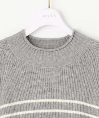 ANY SIS 【洗える】ハイネックボーダー ニット ライトグレー×アイボリーボーダー