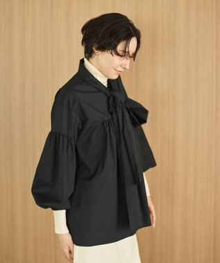 #Newans 【シワになりにくい/洗濯機可能/袖ゴム】ビッグリボンブラウス ネイビー