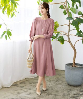 Tiaclasse L 【洗える】ナローフレアパフスリーブワンピース ピンク