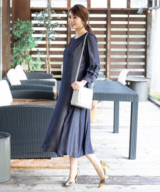 Tiaclasse L 【洗える】ナローフレアパフスリーブワンピース ネイビー