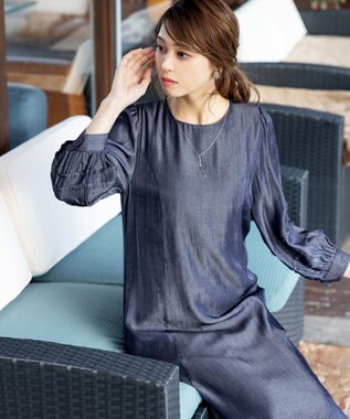 Tiaclasse L 【洗える】ナローフレアパフスリーブワンピース ネイビー