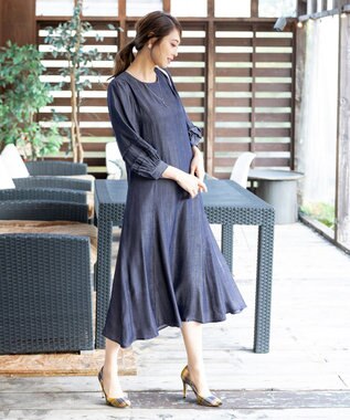 Tiaclasse L 【洗える】ナローフレアパフスリーブワンピース ネイビー