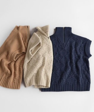 muuc 5種類の模様編み  パッチワーク柄ケーブル模様編みベスト ベージュ