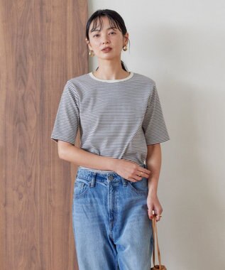 AMERICAN HOLIC 抗菌防臭リブ5分袖カットプルオーバー Border Ivory