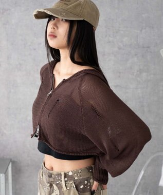 WEGO ダメージメッシュショートパーカー ブラウン