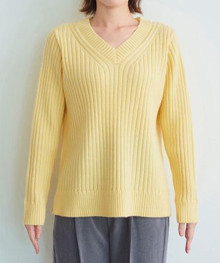 Tiaclasse L 【洗える】Vネックリブ編みニット イエロー