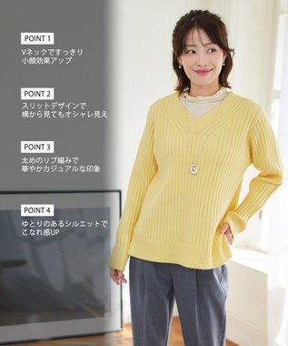 Tiaclasse L 【洗える】Vネックリブ編みニット イエロー
