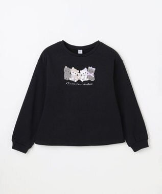 ANY KIDS なかよしサガラ刺繍 裏シャギー トレーナー ブラック×ネコ