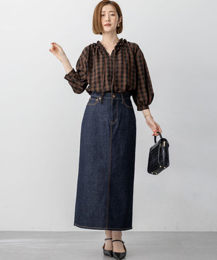 新品タグ付きオンワード樫山 自由区ブラウンチェックフリルブラウス