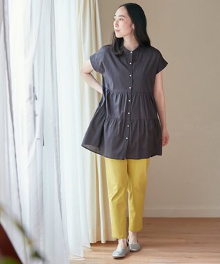 ANY 【洗濯機可能】シルキーソフトティアードブラウス チャコール