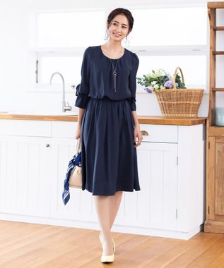 Tiaclasse 【洗える】女性らしさ引き立つリボン袖ギャザーワンピース ネイビー