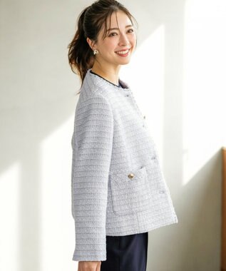 ANY SIS L ノーカラーフリンジツイード ジャケット ブルーグレーミックス