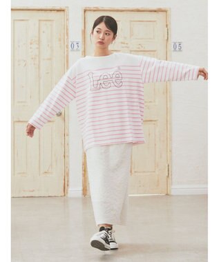 earth music&ecology Ｌｅｅ×ｅ．ｍ．ａ．ｅ　ＢＯＲＤＥＲ　Ｌ／Ｓ　ＴＥＥ Pink