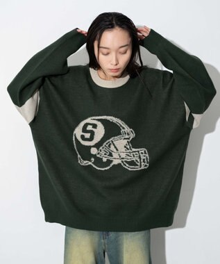 WEGO 【ユニセックス着用ITEM】ジャガードスリーブラインプルオーバー ダークグリーン