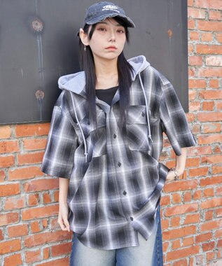 WEGO 【ユニセックス着用ITEM/MLサイズ展開】オンブレチェックフードシャツ（SS） ブラックチェック1