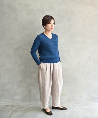 muuc 〈コットン100%強撚糸〉〈通気性が高いドライタッチな素材〉透かし編み 袖口リブ Vネック プルオーバー BLU ブルー