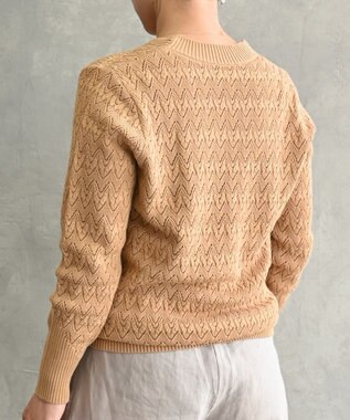 muuc 〈コットン100%強撚糸〉〈通気性が高いドライタッチな素材〉透かし編み 袖口リブ Vネック プルオーバー L.BRN  ライトブラウン