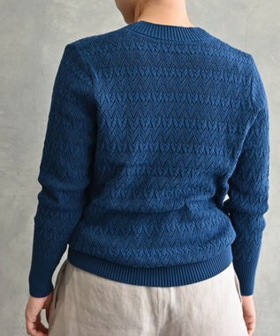 muuc 〈コットン100%強撚糸〉〈通気性が高いドライタッチな素材〉透かし編み 袖口リブ Vネック プルオーバー BLU ブルー