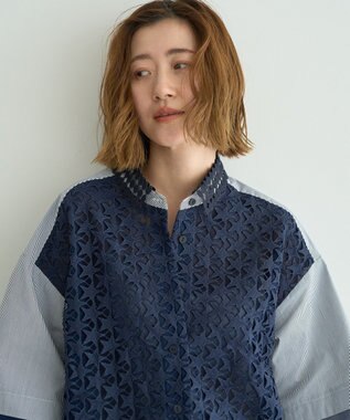 YECCA VECCA レースMIXレイヤードハーフスリーブシャツ Stripe