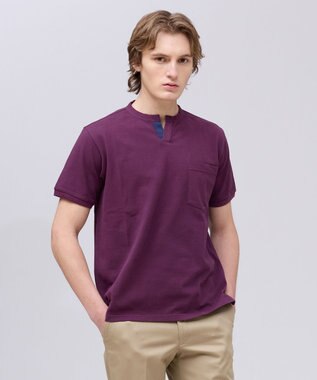 J.PRESS MEN コットンカノコ キーネックポケット Tシャツ パープル系