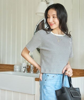 WEGO 【洗える/SML】コンパクトリブT ホワイトボーダー