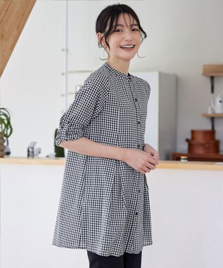 Tiaclasse 【新色追加・洗える】バンドカラーシャツチュニックブラウス ブラックチェック