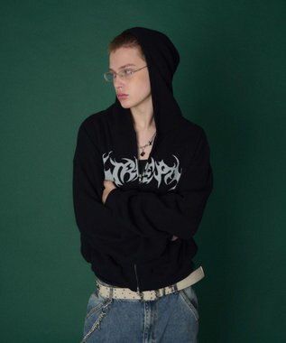 WEGO 【ユニセックス着用ITEM】ワッフルグラフィックカットZIPパーカー ブラック