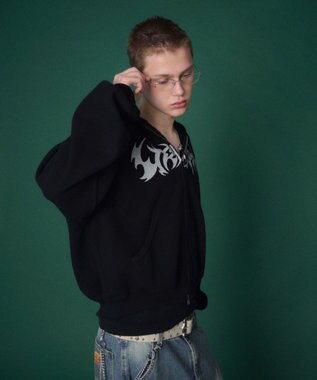 WEGO 【ユニセックス着用ITEM】ワッフルグラフィックカットZIPパーカー ブラック