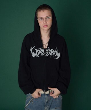 WEGO 【ユニセックス着用ITEM】ワッフルグラフィックカットZIPパーカー ブラック