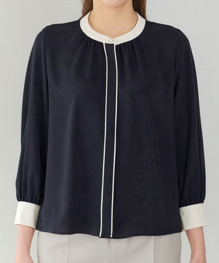 Tiaclasse イージーケア配色スタンドカラーブラウス ネイビー