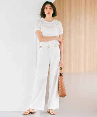 23区 【洗える】リネンコットンドライ 透かし編み ニット ホワイト系