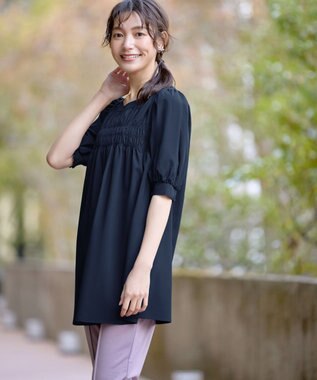 Tiaclasse L 【洗える】シャーリングチュニック ネイビー