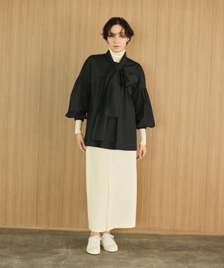 #Newans 【シワになりにくい/洗濯機可能/袖ゴム】ビッグリボンブラウス ネイビー