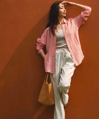 23区 L 【洗える】リネンレーヨンストレッチ ドロスト パンツ ベージュ系