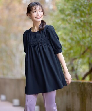 Tiaclasse L 【洗える】シャーリングチュニック ネイビー