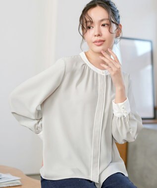 Tiaclasse イージーケア配色スタンドカラーブラウス グレージュ