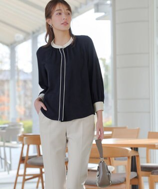 Tiaclasse イージーケア配色スタンドカラーブラウス ネイビー