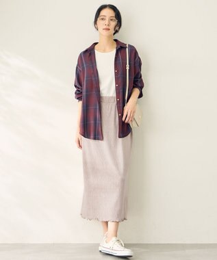 ANY L オンブレーチェックオーバーシャツ バーガンディ系